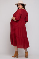 Burgundy Striped Tiered Maternity Plus Midi Dress