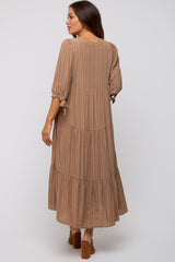 Camel Striped Tiered Maternity Midi Dress