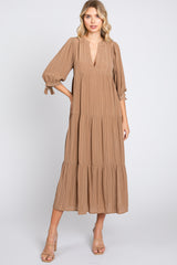 Camel Striped Tiered Maternity Midi Dress