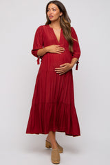 Burgundy Striped Tiered Maternity Midi Dress