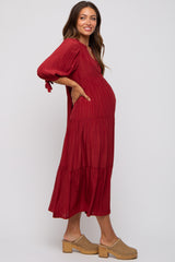 Burgundy Striped Tiered Maternity Midi Dress