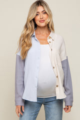 Blue Color Blocked Button Front Gauze Maternity Top