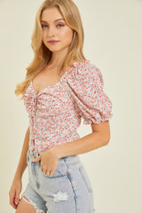 Red Ditsy Floral Puff-Sleeved Bodysuit