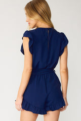 Navy Ruffled V Neck Romper