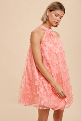 Pink Butterfly Applique Tie Neck Halter Dress