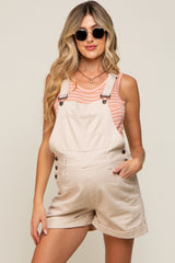 Beige Front Pocket Maternity Overall Shorts