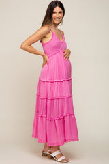 Pink Smocked Ruffle Tiered Maternity Maxi Dress