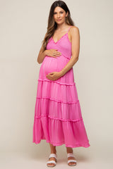 Pink Smocked Ruffle Tiered Maternity Maxi Dress