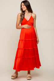 Red Orange Smocked Ruffle Tiered Maternity Maxi Dress