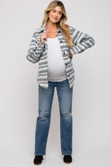 Blue Striped Thick Sherpa Maternity Jacket