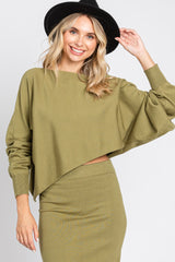 Olive Knit Long Sleeve Crop Top Midi Skirt Set