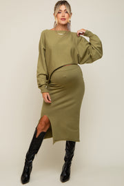 Olive Knit Long Sleeve Crop Top Maternity Midi Skirt Set