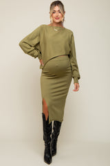 Olive Knit Long Sleeve Crop Top Maternity Midi Skirt Set