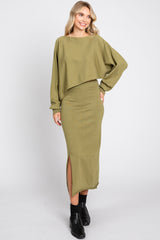 Olive Knit Long Sleeve Crop Top Maternity Midi Skirt Set