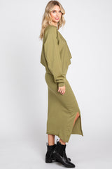 Olive Knit Long Sleeve Crop Top Midi Skirt Set