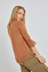 Camel Fine Knit V-Neck Side Slit Top