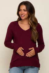 Burgundy Fine Knit V-Neck Side Slit Maternity Top