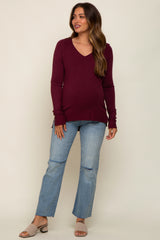 Burgundy Fine Knit V-Neck Side Slit Maternity Top