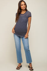 Navy Blue Striped Lightweight Short Sleeve Maternity Top