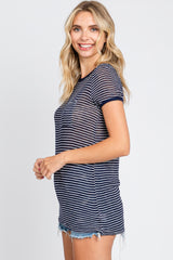 Navy Blue Striped Lightweight Short Sleeve Top