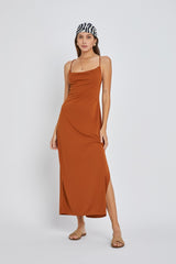 Rust Draped Neck Side Slit Maxi Dress