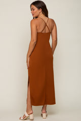 Rust Draped Neck Side Slit Maternity Maxi Dress