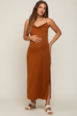 Rust Draped Neck Side Slit Maternity Maxi Dress