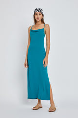 Teal Draped Neck Side Slit Maternity Maxi Dress