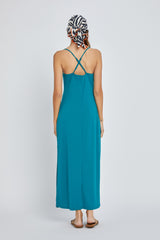 Teal Draped Neck Side Slit Maxi Dress