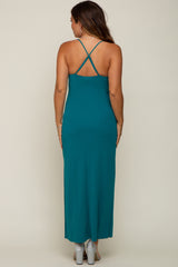 Teal Draped Neck Side Slit Maternity Maxi Dress