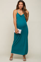 Teal Draped Neck Side Slit Maternity Maxi Dress