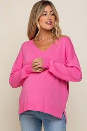 Pink Knit V-Neck Long Sleeve Maternity Top