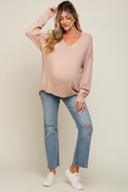 Taupe Knit V-Neck Long Sleeve Maternity Top