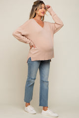 Taupe Knit V-Neck Long Sleeve Maternity Top