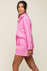 Pink Striped Button Up And Short Set