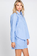 Blue Striped Button Up And Short Set