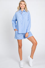 Blue Striped Button Up And Short Set