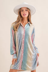 Multi-Color Sequin Collared Button Down Dress