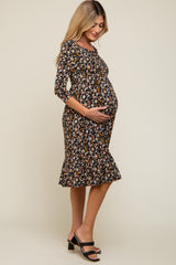 Black Floral Smocked 3/4 Sleeve Maternity Dress