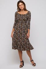 Black Floral Smocked 3/4 Sleeve Maternity Dress