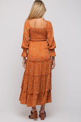 Rust Floral Smocked Front Cutout Tiered Maternity Maxi Dress