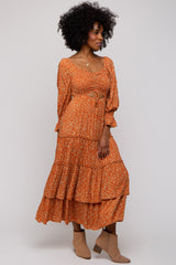 Rust Floral Smocked Front Cutout Tiered Maxi Dress