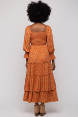 Rust Floral Smocked Front Cutout Tiered Maxi Dress