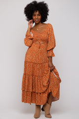 Rust Floral Smocked Front Cutout Tiered Maxi Dress