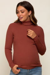 Camel Ribbed Fitted Long Sleeve Maternity Top