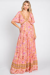 Pink Floral V-Neck Maxi Dress