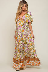 Cream Floral V-Neck Maternity Maxi Dress