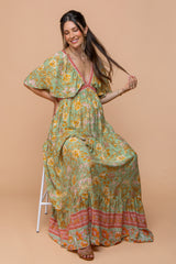 Light Olive Floral V-Neck Maternity Maxi Dress