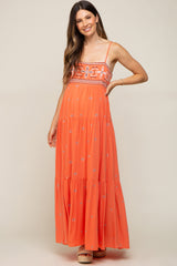 Coral Floral Embroidered Tiered Maternity Maxi Dress