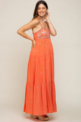 Coral Floral Embroidered Tiered Maternity Maxi Dress